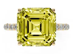 Fancy Yellow Asscher Cut Diamond Solitaire Engagement Ring Set in Yellow gold with Round Pavé Band and Prong Setting