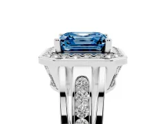 Fancy Blue Asscher Cut Diamond Halo Ring Set in Platinum with Pavé and Bezel Accent Split Shank