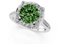 Fancy Green Round Cut Diamond Halo Ring Set in Platinum with Pavé-Lined Shoulders and Prong Setting