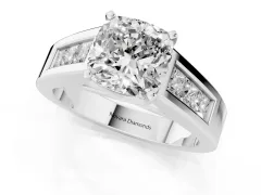 Cushion Cut Diamond Solitaire Ring Set in White gold with Channel-Set Accent Stones and Prong Setting