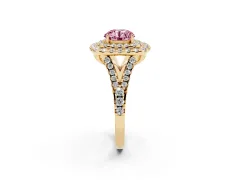 Fancy Pink Round Cut Diamond Double Halo Ring Set in Yellow gold with Pavé Split Shank and Prong Setting