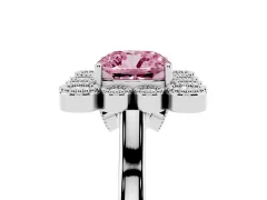 Fancy Pink Cushion Cut Diamond Cluster Halo Ring Set in White gold with Milgrain Bezel Accents and Plain Band
