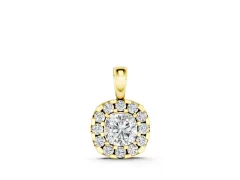 Cushion Halo Diamond Pendant Set in Yellow gold with Four-Prong Cushion Center