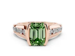 Fancy Green Emerald Cut Diamond Bezel-Set Solitaire Ring Set in Rose gold with Channel-Set Band