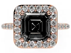 Fancy Black Asscher Cut Diamond Halo Engagement Ring Set in Rose gold with Round Pavé Shoulders and Heart Gallery