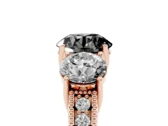 Fancy Black Round Cut Diamond Three-Stone Engagement Ring Set in Rose gold with Milgrain Pavé Band
