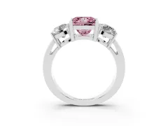 Fancy Pink Princess Cut Diamond Three-Stone Ring Set in Platinum with Round Side Stones and Classic Band