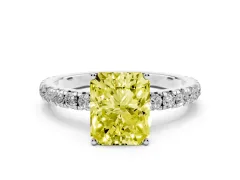 Fancy Yellow Radiant Cut Diamond Pavé Solitaire Engagement Ring Set in Platinum with Prong Setting