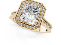 Radiant Cut Diamond Halo Milgrain Pavé Band Ring Set in Yellow gold with Prong Setting