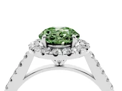 Fancy Green Oval Cut Diamond Halo Pavé Engagement Ring Set in Platinum with Prong Setting