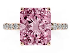 Fancy Pink Radiant Cut Diamond Solitaire Engagement Ring Set in Rose gold with Round Pavé Band and Prong Setting
