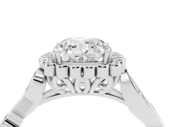 Cushion Cut Diamond Halo Ring Set in Silver with Leaf Motif Split Shank and Prong Setting