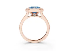Fancy Blue Asscher Cut Diamond Halo Milgrain Pavé Band Ring Set in Rose gold with Prong Setting
