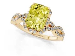 Fancy Yellow Radiant Cut Diamond Halo Twist Band Solitaire Ring Set in Yellow gold with Prong-Set Center Stone