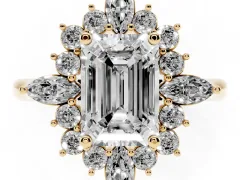 Emerald Cut Diamond Cluster Halo Ring Set in Yellow gold with Marquise and Round Accents
