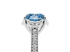 Fancy Blue Princess Cut Diamond Halo Ring Set in Silver with Channel Set Band and Prong Setting