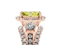 Fancy Yellow Oval Cut Diamond Halo Split Shank Ring Set in Rose gold with Round Accent Stones and Prong Setting