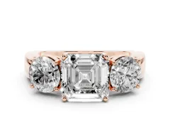 Asscher Cut Diamond Three-Stone Ring Set in Rose gold with Round Side Stones and Classic Band