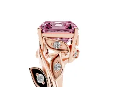 Fancy Pink Asscher Cut Diamond Solitaire Twist Engagement Ring Set in Rose gold with Pavé Leaf Accents