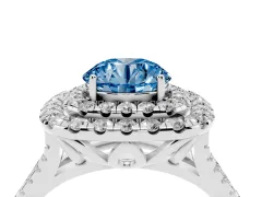 Fancy Blue Round Cut Diamond Double Halo Ring Set in Silver with Pavé Split Shank and Prong Setting