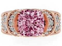 Fancy Pink Cushion Cut Diamond Milgrain Halo Pavé Engagement Ring Set in Rose gold with Prong Setting