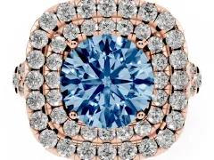 Fancy Blue Round Cut Diamond Double Halo Ring Set in Rose gold with Pavé Split Shank and Prong Setting