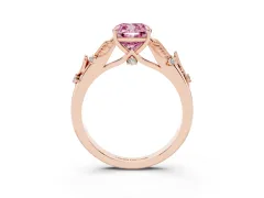 Fancy Pink Cushion Cut Diamond Solitaire Ring Set in Rose gold with Leaf Motif Band