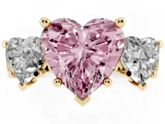 Fancy Pink Heart Cut Diamond Three-Stone Trellis Ring Set in Yellow gold with Comfort Fit Band