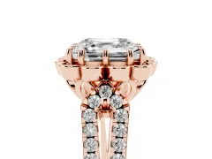 Asscher Cut Diamond Floral Halo Split Shank Engagement Ring Set in Rose gold with Pavé Shank