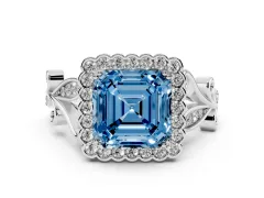 Fancy Blue Asscher Cut Diamond Halo Ring Set in White gold with Leaf Motif Split Shank and Prong Setting