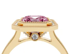 Fancy Pink Asscher Cut Diamond Halo Milgrain Pavé Band Ring Set in Yellow gold with Prong Setting