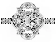 Radiant Cut Diamond Solitaire Ring Set in White gold with Pavé Band and Floral Prong Setting