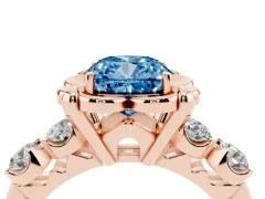 Fancy Blue Cushion Cut Diamond Floral Halo Ring Set in Rose gold with Shared Prong Band