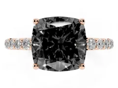 Fancy Black Cushion Cut Diamond Solitaire Engagement Ring Set in Rose gold with Round Pavé Band and Prong Setting