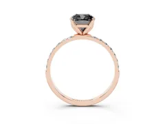 Fancy Black Cushion Cut Diamond Solitaire Engagement Ring Set in Rose gold with Round Pavé Band and Prong Setting