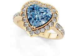 Fancy Blue Heart Cut Diamond Halo Ring Set in Yellow gold with Pavé Shank and Prong Setting