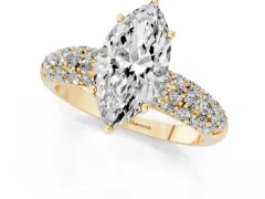 Marquise Cut Diamond Pavé Band Solitaire Ring Set in Yellow gold with Close-Set Accent Stones and Prong Setting