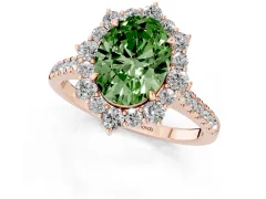 Fancy Green Oval Cut Diamond Halo Ring Set in Rose gold with Pavé Band and Prong Setting