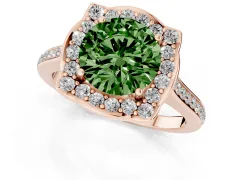 Fancy Green Round Cut Diamond Halo Ring Set in Rose gold with Pavé-Lined Shoulders and Prong Setting