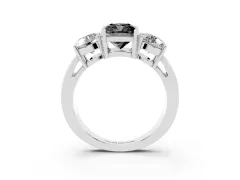 Fancy Black Cushion Cut Diamond Three-Stone Ring Set in Silver with Round Side Stones and Classic Band