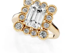Emerald Cut Diamond Cluster Halo Ring Set in Yellow gold with Milgrain Bezel Accents and Plain Band