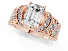 Emerald Cut Diamond Milgrain Halo Pavé Engagement Ring Set in Rose gold with Prong Setting