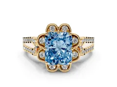 Fancy Blue Radiant Cut Diamond Floral Halo Split Shank Engagement Ring Set in Yellow gold with Pavé Shank
