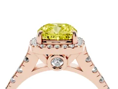 Fancy Yellow Cushion Cut Diamond Halo Engagement Ring Set in Rose gold with Pavé Band and Prong-Set Center