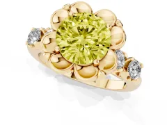Fancy Yellow Round Cut Diamond Floral Halo Ring Set in Yellow gold with Shared Prong Band