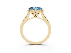 Fancy Blue Princess Cut Diamond Halo Engagement Ring Set in Yellow gold with Pavé Band and Rising Shoulders