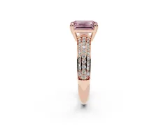 Fancy Pink Emerald Cut Diamond Solitaire Ring Set in Rose gold with Multi-Row Round Pavé Band and Prong Setting