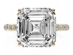 Asscher Cut Diamond Solitaire Engagement Ring Set in Yellow gold with Round Pavé Band and Prong Setting