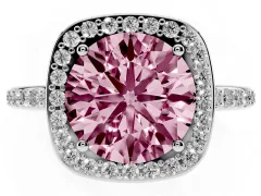 Fancy Pink Round Cut Diamond Halo Engagement Ring Set in Platinum with Round Pavé Shoulders and Heart Gallery