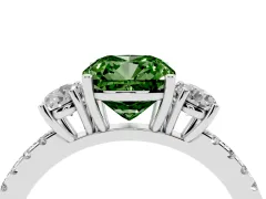 Fancy Green Cushion Cut Diamond Three-Stone Ring Set in Platinum with Pavé Band and Graduated Sides
